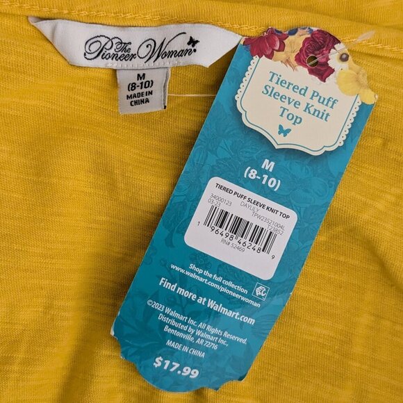 THE PIONEER WOMAN, NWT Yellow Tiered Puff Sleeve Knit Peasant Boho Top; Size M - Picture 4 of 6
